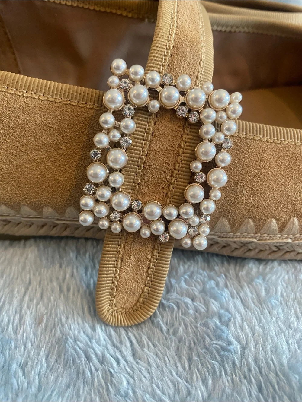 Naturalizer Tan Suede Mary Jane Flats with Pearl Buckle